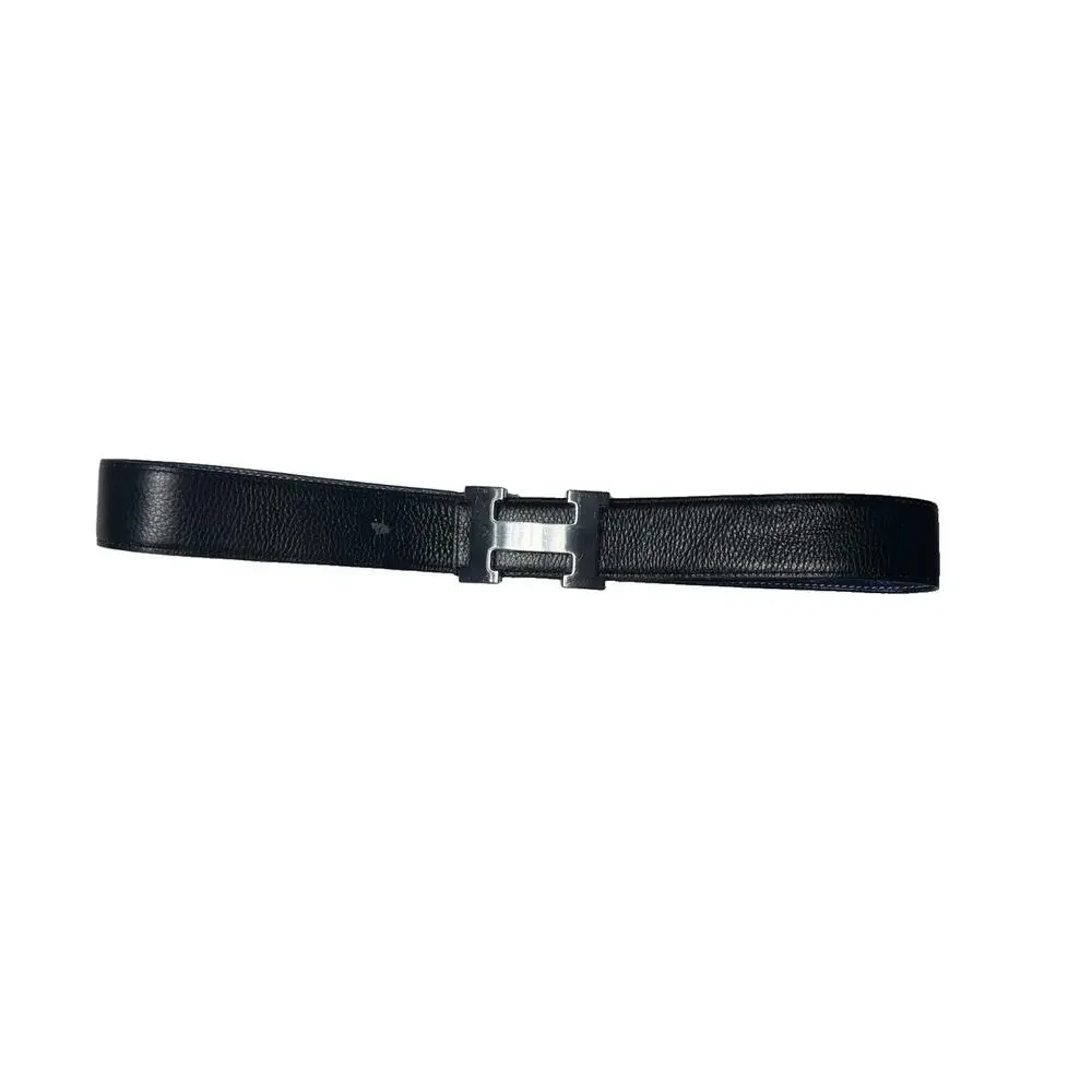 Hermes Blue / Black Reversible Belt with Silver H Buckle Sz 40 Leather Damaged